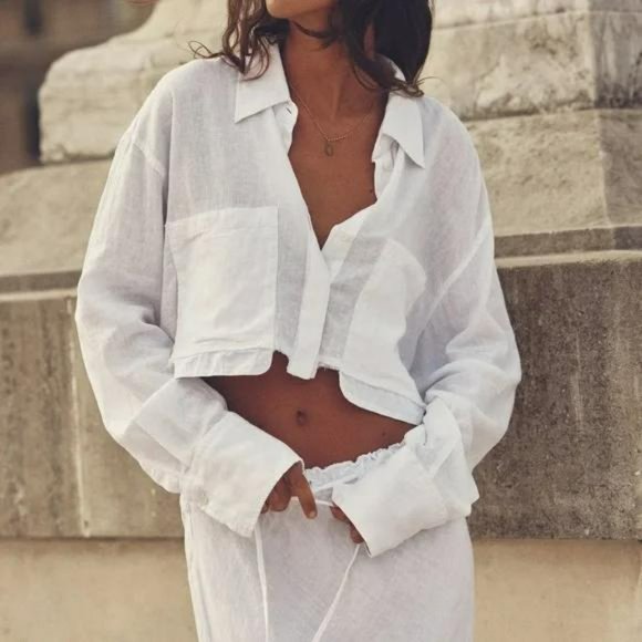 ZARA FRAYED LINEN BLEND SHIRT - Picture 5 of 6